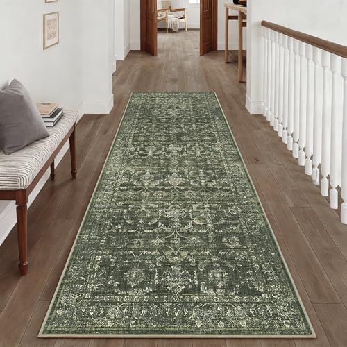 3x8 Green Runner Rug Hallway Washable Area Rugs Kitchen Vintage Boho Non Slip Long Rug Floral Carpet Indoor Retro Soft Low Pile Throw Rug for Bedroom Bathroom Laundry Dining Living Room Office - color: Dark Green, size: 3' x 8' (Runner)