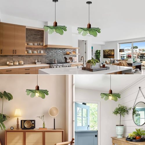 Modern Green Glass Pendant Light Fixtures 2-Pack Flower Pendant Lights Kitchen Island 59“ Adjustable Hanging Ceiling Lighting Wooden Grain Hanging Lamp for Farmhouse Dining Room - color: Green, 2 Pack