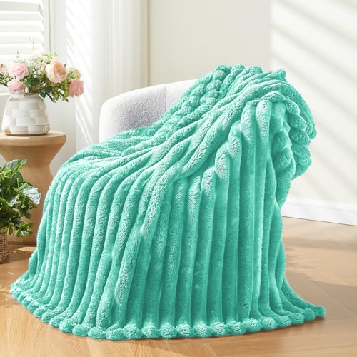 NEWCOSPLAY Super Soft King Blanket Aqua Premium Silky Flannel Fleece 3D Ribbed Jacquard Lightweight Bed Blanket All Season Use (Aqua Ribbed, King(90"x110")) - color: Aqua Ribbed, size: King(90"x110")