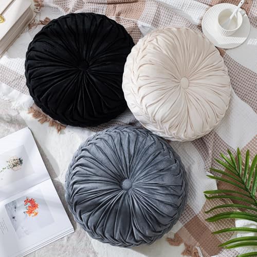Drydiet 3 Pcs Round Throw Velvet Pillows Decorative Pleated Throw Pillows Diameter Accent Pumpkin Boho Chair Cushion for Couch Sofa Home Decoration (Black,White,Gray,15'') - color: Black, White, Gray, size: 15''