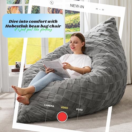 Hobestluk 3 in 1 Bean Bag Chair Giant Bean Bag Chairs for Adults with Plaid Cover Convertible Bean Bag Floor Cushion with Machine Washable Cover for Living Room (Plaid Grey) - color: Cloud Grey