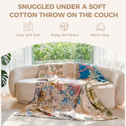 LUTBM Boho Throw Blanket for Bed Cotton Summer Blankets Twin Size for Bedroom Living Room All Season Lightweight Floral Embroidery Decorative Breathable Quilt for Couch Sofa Chair 60"x80" - color: Branches Tendrils, size: 60"×80"