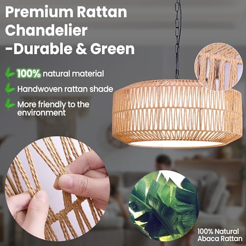 Large Handwoven Rattan Pendant Light, Boho Wicker Chandelier for Dining Room & Kitchen Island, Dimmable Hanging Ceiling Lamp with Warm White, Cool White & RGB Ambient Lighting, 21.7"