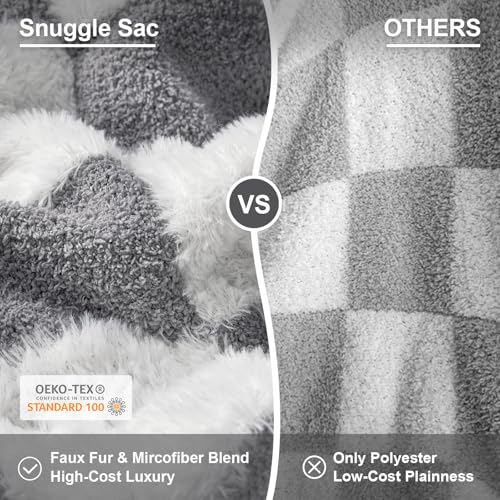Snuggle Sac Faux Fur Throw Blanket for Couch, Cozy Soft Warm Blankets for Sofa Bedroom Living Room,Grey Checker,50x60 inches - color: Grey White, size: Throw(50"x60")