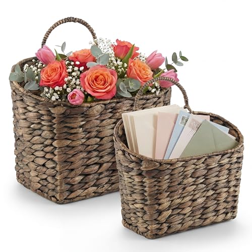 Set of 2 Black Wicker Hanging Baskets for Front Door, Mail, Flowers & Organizing - color: Black Water Hyacinth