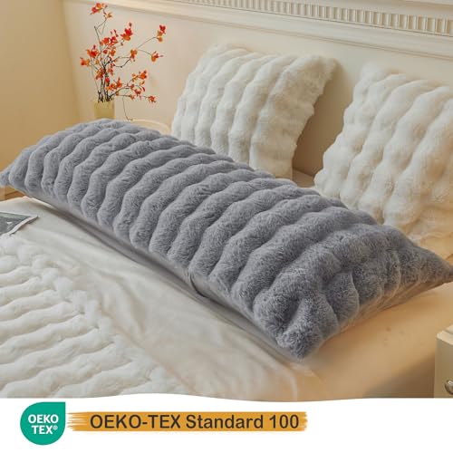 LIFEREVO Fluffy Faux Rabbit Fur Body Pillow Cover, Soft Cute Bubble Shaggy Plush Bed Body Pillowcase with Zipper Closure, Long 20"x54" Fuzzy Furry Pillow Case for Pregnancy Side Sleeper, Light Grey - color: Light Grey
