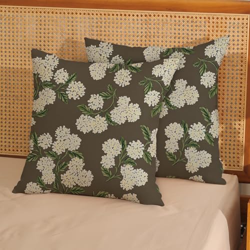 Brown Spring Pillow Covers 16x16 Inch 2 Pcs Green Yellow Hydrangea Flower Decor Throw Pillows Vintage Floral Seasonal Summer Outdoor Decoration Pillowcase Linen Cushion Cover for Couch Sofa - color: Brown Hydrangea, size: 16" x 16" (Pack of 2)