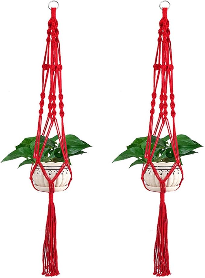 Vpang 2 Pack Colorful Cotton Macrame Plant Hanger, Outdoor Indoor Hanging Planter Basket Flower Pot Holder Boho Home Decor 40 Inch (Red)
