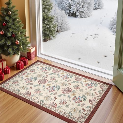 jinchan Elora 2x3 Floral Rug for Entryway Washable Kitchen Rug Vintage Romance Design Small Mat Non Slip Indoor Doormat Lightweight Low-Profile Throw Carpet for Entrance Laundry Room, Red/Beige - color: Bloom Red/Beige, size: 2' x 3' (Light Weight)