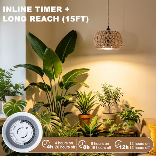Hanging Grow Light, 30W LED Lamp with Timer for Indoor Plants | 4000K LED plant lamp with 15 ft cord, outlet timer, and boho paper rope shade for succulents, herbs, and low-light rooms. - color: Lantern