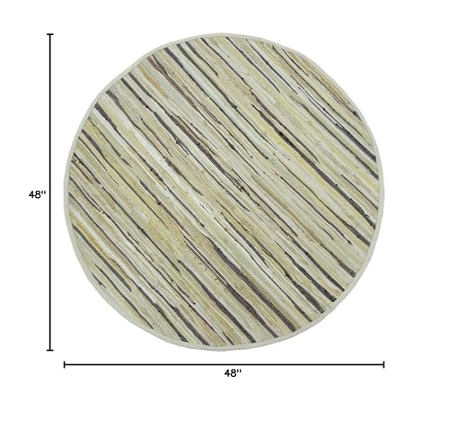 Cotton Hand Woven Chindi Area Rug 4 Feet Round - Beige, Reversible Circle Green Dinning Space Floor Rugs Ideal for Bedroom, Living Room, Kitchen | Linen Farmhouse Recycled Patio Mats for Balcony Décor - color: Beige, size: 4' (Round)
