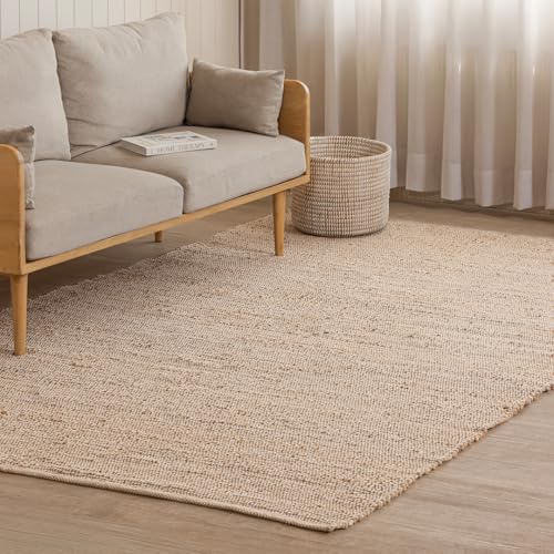 HOMEMONDE Hand Woven Jute Cotton Area Rug 6' x 9' ft Rectangle Natural Farmhouse Rug - Rustic Vintage Boho Decor Rug for Living Room, Bedroom, Dining Room - color: Natural Jute, size: 6' x 9' (Rectangular)