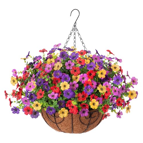 Ammyoo Artificial Faux Hanging Plants Flowers Basket for Spring Outdoor Decoration, Fake Silk Daisy UV Resistant Look Real with Eucalyptus Leaves Summer Outside Decor for Home Patio Garden - color: Purple Deep Purple Red Yellow
