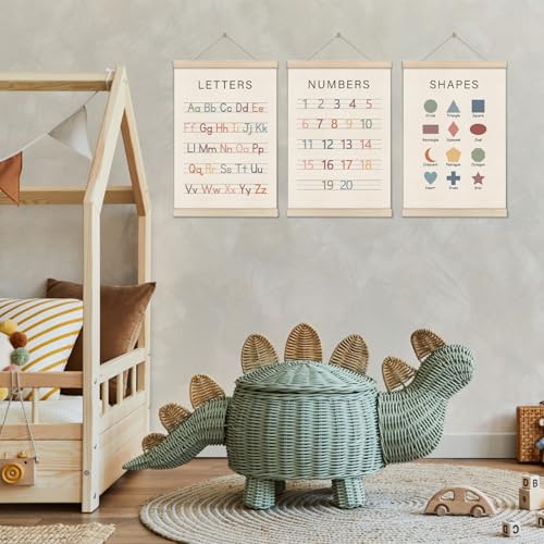 Set of 3 Alphabet Numbers Poster Hanger Frame, Preschool Learning Posters, Educational Canvas Wall Art, Montessori Nursery Wall, Toddler Room Decor for Boys Girls 16x12 Inch, Boho Classroom Decor - color: Off-White02
