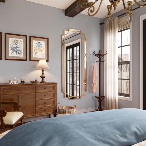 Kelly Miller Large Gold Full Length Mirror for Wall, 60"x30" Full Body Mirror Beveled Scalloped Modern Elegant Home Decor for Bedroom Living Room Bathroom Dressing Room Entryway Hallway - size: 60"L x 30"W