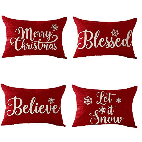 Happy Winter Merry Christmas Set of 4 Snowflake Blessed Believe Let It Snow Decorative Lumbar Throw Pillow Cover12X20 inches - color: Set of 4