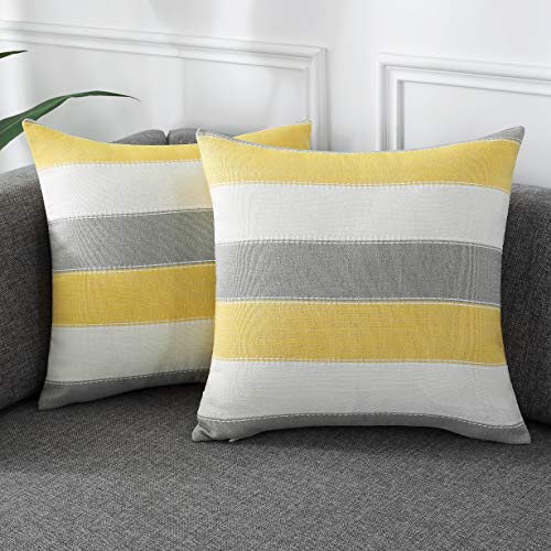 AmHoo Pack of 2 Farmhouse Stripe Check Throw Pillow Covers Set Case Cotton Linen Decorative Pillowcases Cushion Cover for Couch Bench Sofa 16x16Inch Yellow Beige - color: Yellow Beige, size: 16" x 16" (Pack of 2)
