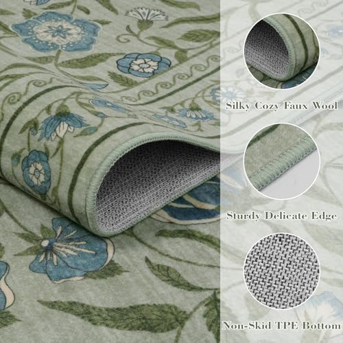 Collive Washable Entryway Rugs, Green 2 x 3 Spring Floral Rug Modern Soft Kitchen Carpet Non Slip, Vintage Bathroom Mats Stain Resistant Inside Front Door Mat for Entrance, Bedroom - color: Green, size: 2' x 3'