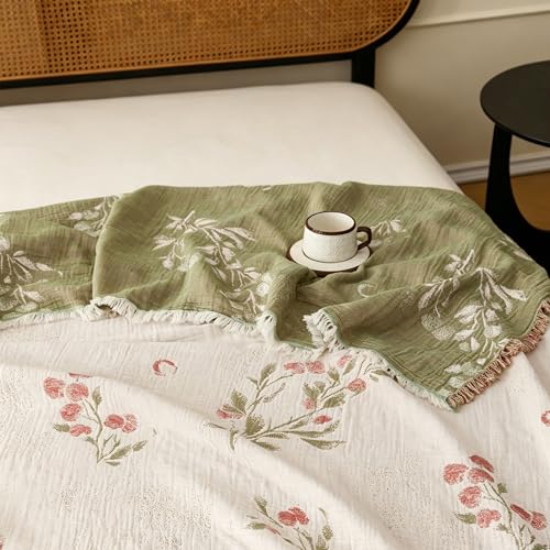 Lemfux 4-Layer 100% Cotton Muslin Cooling Blanket, Boho Floral Gauze Throw with Fringe, Ultra Soft Breathable Lightweight Bedspread Coverlet for Bed Sofa Couch (White-Green Floral, 80"x90") - color: White-green Floral, size: 80"x90"