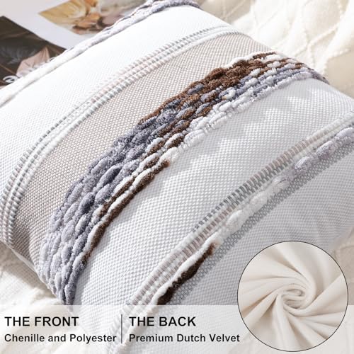 decorUhome Boho Decorative Throw Pillow Covers 18x18 Set of 2, Striped Chenille Tufted Pillow Covers with Tassels for Couch Bed Sofa, Cream White and Khaki - color: Cream White and Khaki