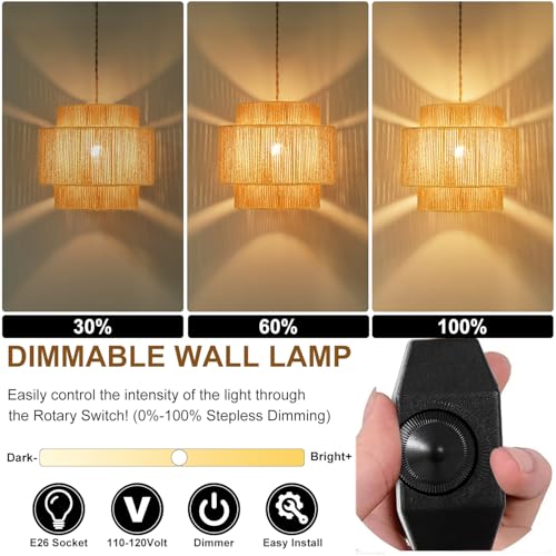 Vinaco Boho Hanging Light Plug in with Rotary Switch, Hand-Woven Dimmable Switch Swag Lamp, 3-Tier Wicker Swag Lights with Plug in Cord 15.4ft, Rattan Wicker Pendant Lights Living Room Corridor Foyer - size: 3 tier HL-8