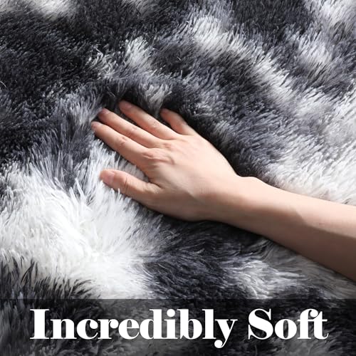 ONASAR Runner Rugs for Bedroom Living Room, Fluffy Black and White 2x6 Bedside Hallway Area Rug, Ultra Soft Plush Furry Faux Fur Non Slip Floor Carpet for Nursery Kids Dorm Closet Home Decor - color: Tie-dyed Black & White, size: 2' x 6' (Runner)