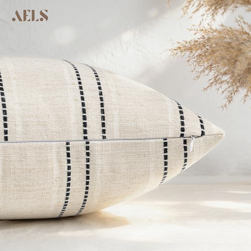 AELS 22x22 Decorative Farmhouse Linen Blend Throw Pillow Covers, Boho Textured Pillow Case, Set of 2, Beige with White & Black Stitch Yarn Dyed Stripe Cushion Cover for Sofa Living Room (Cover ONLY) - color: Beige With White & Black, size: 22" x 22" (Pack