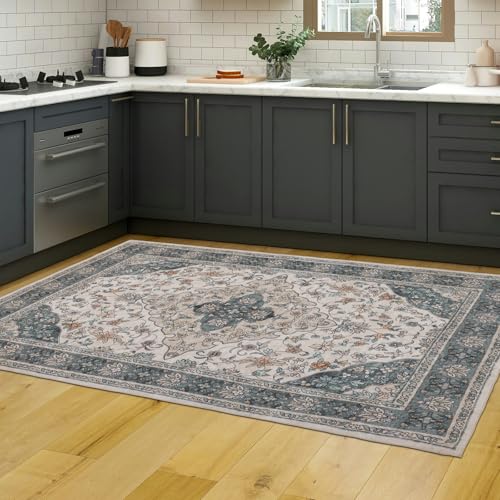 Area Rug 4×6, Vintage Boho Rug,Ultra-Soft Low Pile, Washable, Non Slip,Stain Resistant, Printed Carpet for Living Room Bedrooms Playroom Office Kitchen,Green/Beige - color: Green/Beige, size: 4×6
