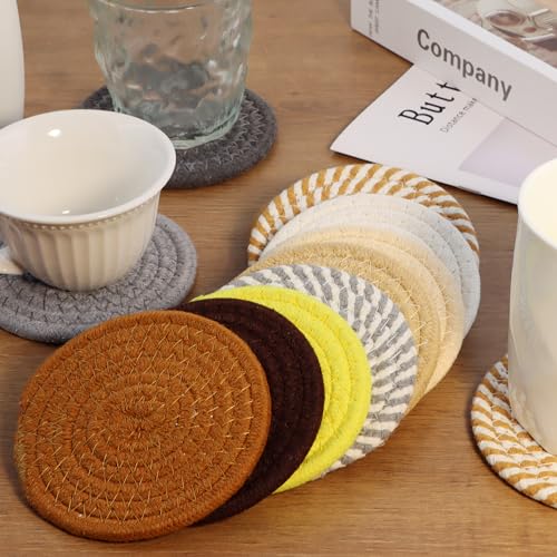 Coasters Set of 4 for Drinks, Cotton Woven 4 Colors Absorbent Boho Coasters for Home Decor Cups - Hot or Cold Drink Thickened (Grey Mixed Khaki) - color: Grey Mixed Khaki