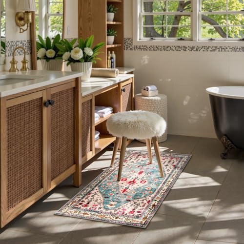 Lahome Felice Boho Tribal Area Rug - 2x3 Small Aqua Bath Rugs Kitchen Throw Mat, Soft Washable Non Slip Non Shedding Bohemian Bathroom Bedroom Carpet for Front Door Living Room Stove Chair - color: Aqua, size: 2' x 3' (Rectangular)