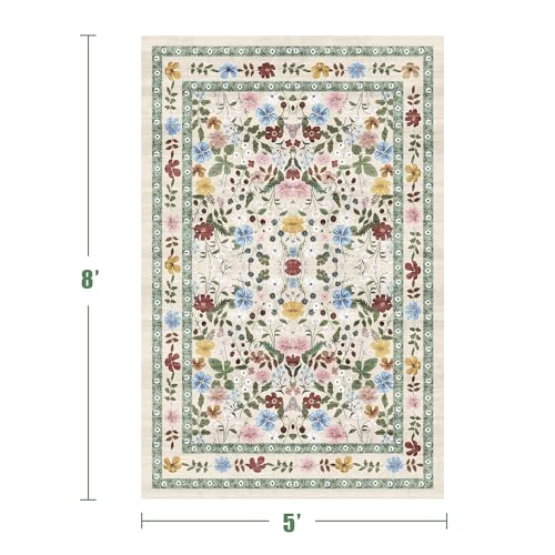 Deerly Floral Area Rugs 5x8 Vintage Boho Washable Non-Slip Living Room Carpet Soft Low Pile Colorful Thin Bedroom Floor Mat Indoor for Dining Room Playroom Nursery Farmhouse, Beige/Green/Multi - color: Beige/Green/Multi, size: 5' x 8' (Rectangular)