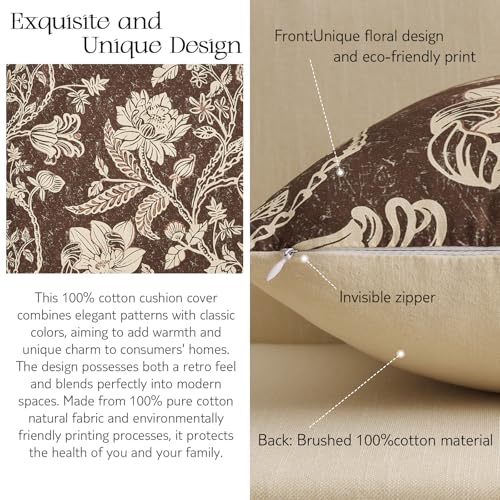 Floral Throw Pillow Covers 16x16：Brown Vintage Floral Throw Pillows Decorative Covers Boho Patterned Cotton Accent — Modern Farmhouse Neutral Covers Couch Sofa Bed Living Room Pillowcases Pack of 2 - color: Bf-brown, size: 16" x 16" (Pack of 2)