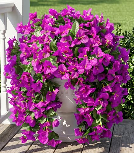 Faux Bougainvillea Artificial Flowers Plants for Outdoors Outside Decoration, 2 pcs Purple Fake Flowers UV Resistant Look Real Silk Long Trailing Vines for Front Door Porch Planter Urn Patio Garden - color: Purple