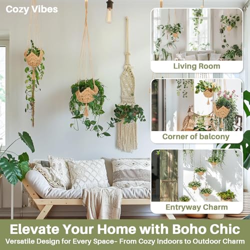 RAINFLOW Macrame Plant Hangers Indoor - 2 Packs Hanging Planters for Indoor Plants Boho Plant Hangers Hanging Plant Holder for Boho Home Decor Made of Jute with 2 Hooks