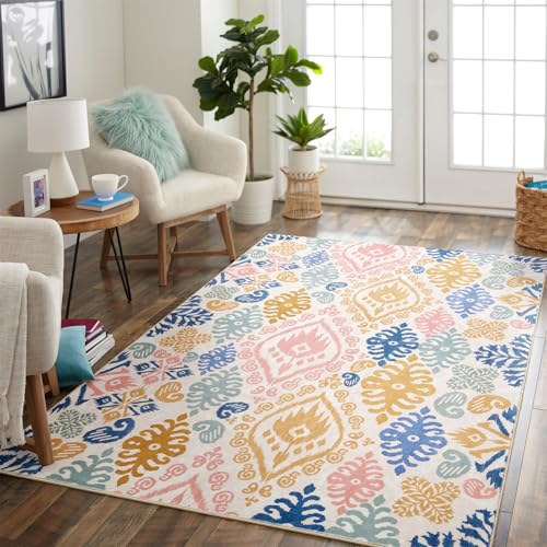 Washable Oriental Floral Rug, Ultra Thin Boho Paisley Indian Tribal 4x6 Area Rug for Dining Room Bedroom Entryway Kitchen, Stain Resistant Vintage Aztec Hippie Living Room Accent Carpet - color: Gentle Blue and Pink, size: 4'x6'