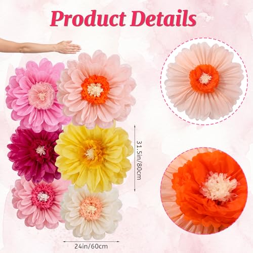 Giegxin 6 Pcs 31.5", 24" Giant Colorful Paper Flowers Mexican Fiesta Tissue Flowers for Wall Decorations Pink White Yellow Large Crepe Flower for Wedding Birthday Classroom Bridal Shower Bachelorette - color: Pink,White,Yellow, size: 31.5", 24"