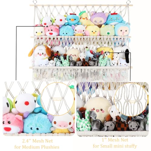 2 Tier Stuffed Animal Storage Shelf Net, 35x30'' Large Plushie Net w/ 2.4/1'' Dense Mesh for Mini Medium Stuffy Teddy, Beige Boho Macrame Toy Holder Display w/ Lights&Clips for Nursery Kid Girl Boy - color: Beige, size: Large-2 Tier-35x30 Inch