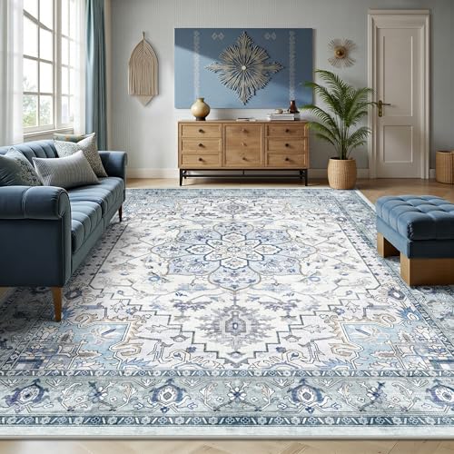 6x9 Area Rugs - Washable Rug Vintage Distress Boho Medallion Rugs for Living Room, Soft Non-Slip Backing Low Pile Carpet for Bedroom Dining Room Office Nursery Dorm Home, Blue Grey Purple - color: C- Blue/Grey/Purple, size: 6' x 9' (Rectangular)