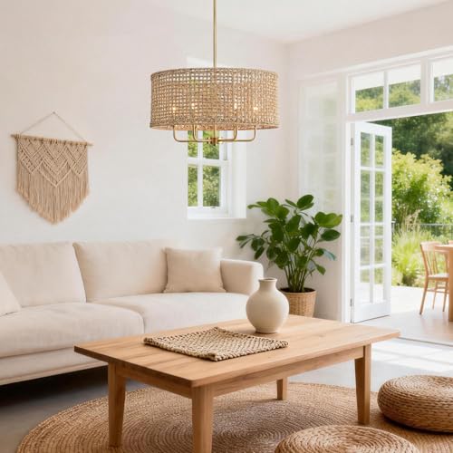 6-Light Rattan Chandelier for Dining Room, Boho Chandelier, Coastal Hand Woven Pendant Light Fixture for Kitchen Island Entryway Foyer Living Room Bedroom UL Listed Gold - color: Gold, size: 21.65"