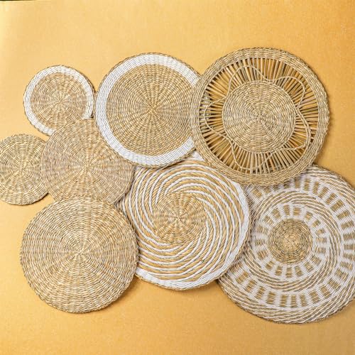 Xuhal 8 Pcs Boho Wall Basket Decor Decorative Bulrush Woven Basket Wall Decor Rustic Farmhouse Hanging Baskets for Kitchen Rustic Home Summer Decorations - style: Novel