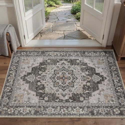 Tangsoo Vintage 2x3 Washable Rug for Entryway, Non Slip Small Area Rug, Oriental Indoor Front Door Rug, Print Door Mat Small Carpet, Soft Low Pile Rugs for Entrance Kitchen Bedroom Home Decor - color: Brown/Grey, size: 2' X 3' (Rectangular)