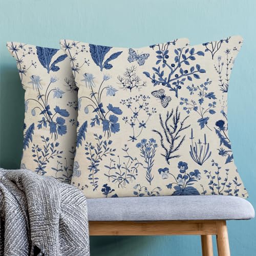 AEIOAE Summer Pillow Covers 16x16 Inch Set of 2,Navy Blue Wild Flower Plant Throw Pillows Case,Seasonal Floral Outdoor Decorative Square Linen Farmhouse Decor Cushion Covers for Home Couch Sofa Bed - color: Navy Blue Wild Floral, size: 16" x 16" (Pack of