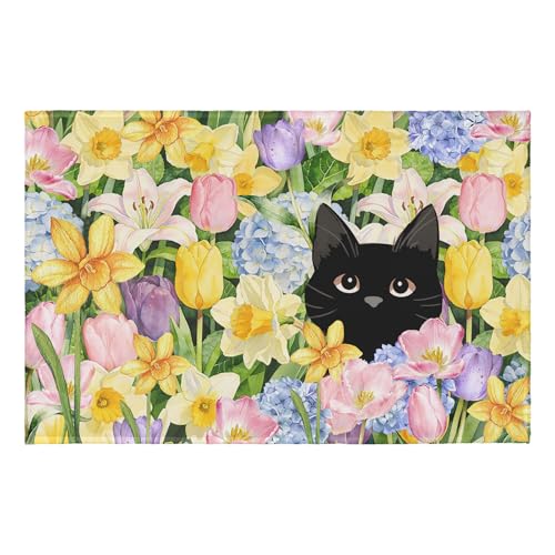 Floral Cat Spring Entryway Rugs 2x3 Summer Home Decor Doormat Small Non-Slip Low Pile Front Door Mat Washable Throw Rugs for Kitchen Bedroom Bathroom Holiday Decor - color: Floral Cat