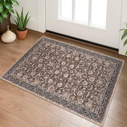 Lansny Vintage Entryway Rug 2x3 Washable, Mocha Brown Kitchen Rug, Super Soft Thin Faux Wool Small Area Rug, Non-Slip Accent Mat for Foyer, Bedroom, Office - color: Mocha Brown, size: 2' x 3' (Rectangular)