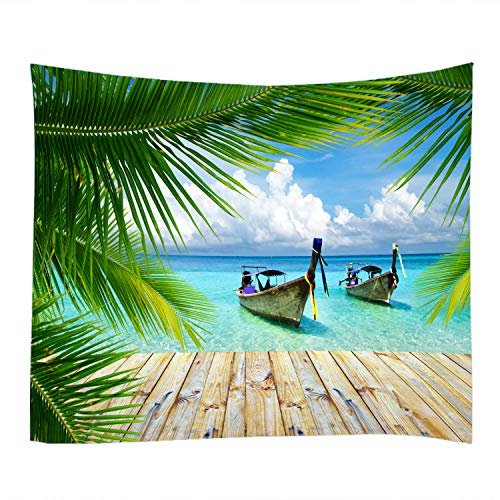 LYFANS Printed Fabric Tapestry Decorative Wall Art Tapestry Bedroom Dormitory Living Room Tapestry [79 x 59 inches] Seaside Boat Coconut Leaves - color: Seaside Boat Coconut Leaf, size: 79x59inch