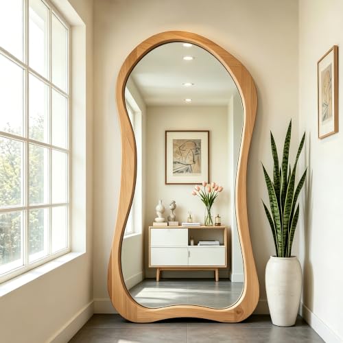 Irregular Full Length Mirror, 71"x33.5" Oversized Organic Floor Mirror with Solid Wood Frame, Asymmetrical Full Body Mirrors for Entryway Hallway Cloakroom Living Room, Leaning/Hanging - color: Natural Wood Frame, size: 71"L x 33.5"W