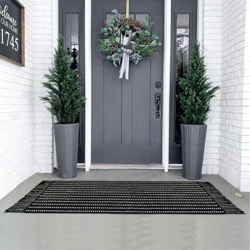 Front Door Mat Black and White Outdoor Indoor Rugs Entryway Rug 23.6" x 51.2" Striped Front Porch Decor Outside Rug Outdoor Patio Front Door Rugs Kitchen Decor Carpet Entry Way Doormats - color: Black & White Line Front Door Rug With Tassel