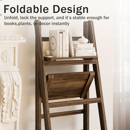 Ladder Shelves - Folding Wooden Ladder Bookshelf, 4-Tier Retro Plant Stand Storage Shelves for Home Living Room, Brown - color: Dark Brown