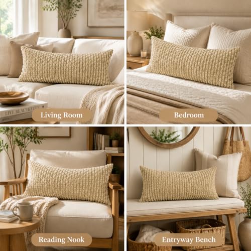 JoraLion 12x24 Boho Decorative Lumbar Throw Pillow Cover, Khaki Cozy Soft Striped Corduroy Long Rectangle Cushion Case Accent Home Decor for Sofa Bed Room Livingroom, ONLY Cover - color: Khaki, size: 24" x 12" (Pack of 1)