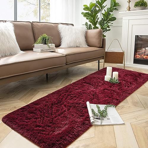 DweIke Fluffy Burgundy Red Runner Rugs for Bedroom, 2x6 Feet Soft Plush Long Runners for Girls Boys Kids, Non-Slip and Machine Washable Bedside Rug, Small Throw Carpet for Hallway Rooms Decor - color: Wine Red, size: 2 Ft X 6 Ft